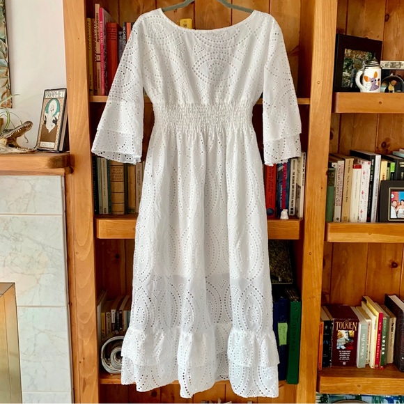 White Cotten Ruffled Embroidered Eyelet Summer Dress - Picture 2 of 4